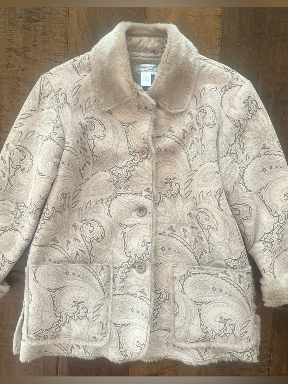Coldwater Creek tan embossed paisley soft faux suede shearling fur coat Petite S
